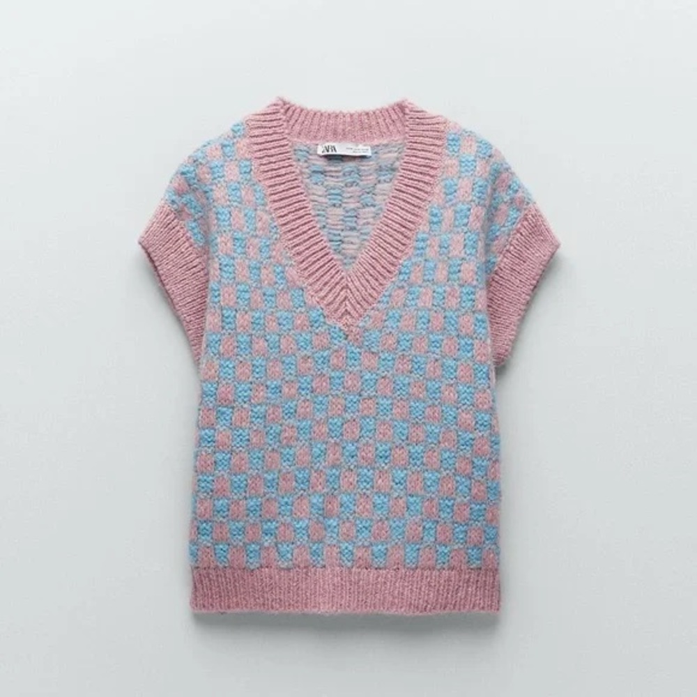 ZARA Pastel Checkerboard Oversized Wool Blend Sweater Vest
